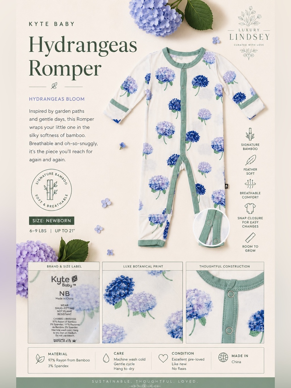 Kyte BABY Hydrangeas Snap Romper, Wasabi Trim — Newborn (NB)